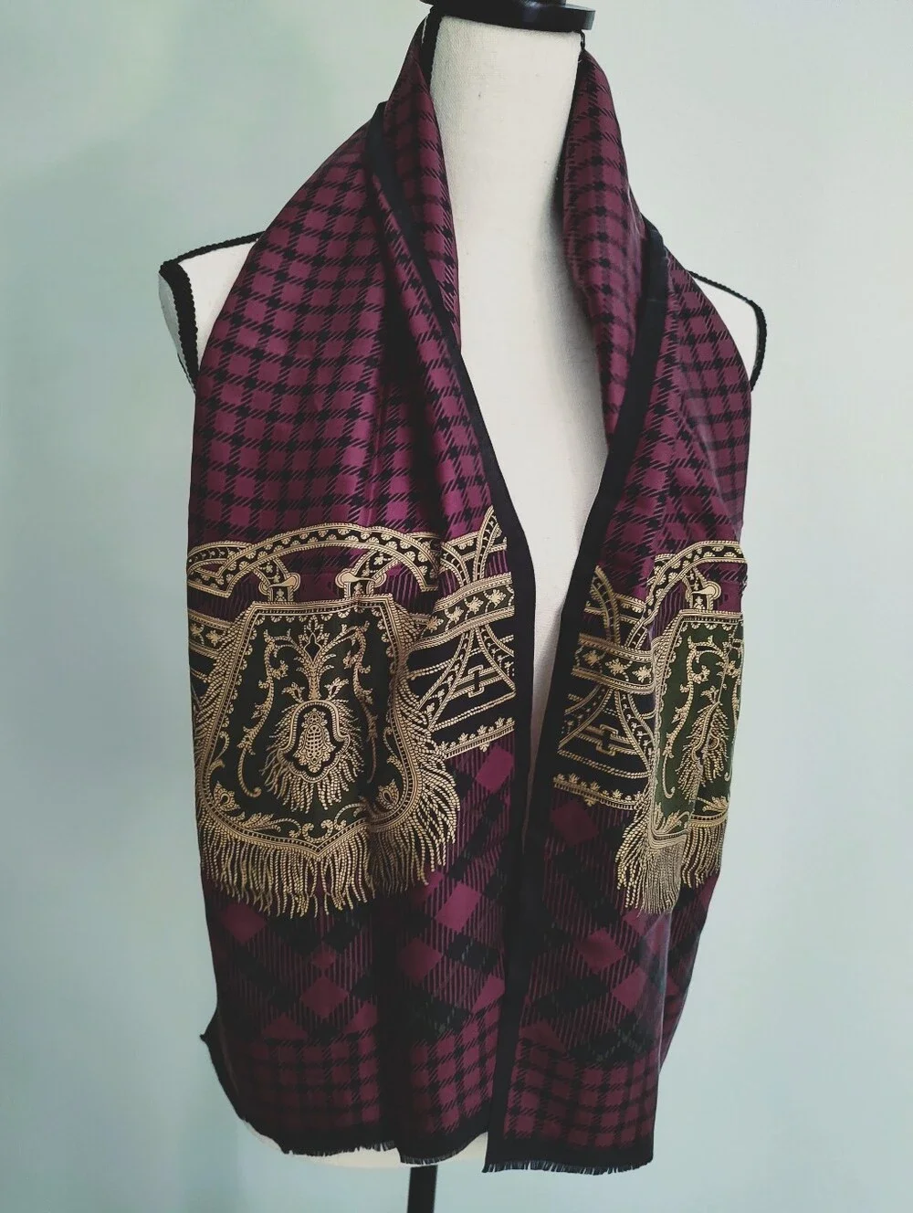 Vintage Talbots Japanese Silk Stole Scarf Scottish Fringe Style Check 90s